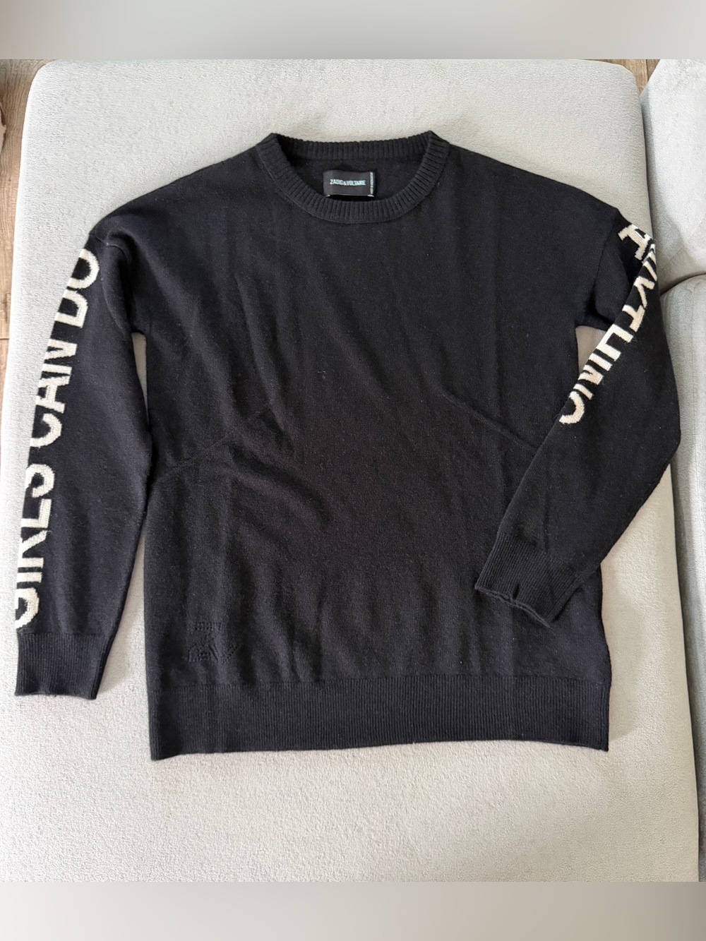 NWT Zadig & Voltaire Black Crewneck Sweater with White Sleeve Lettering